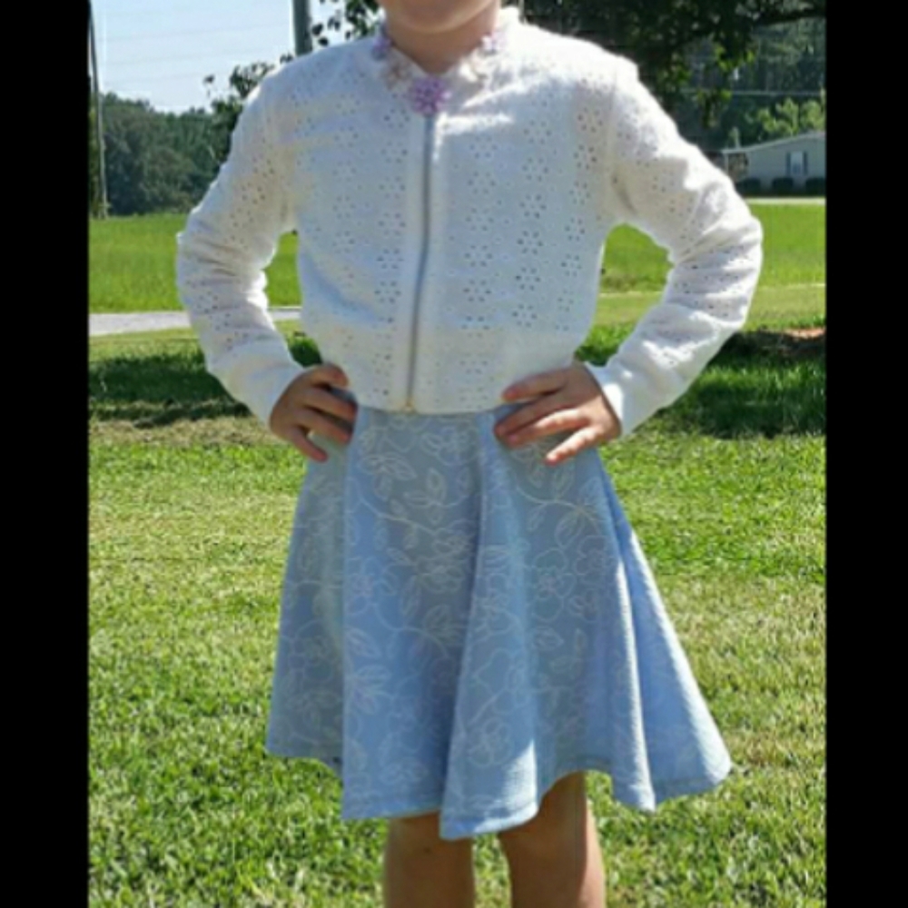 Girls Blue Dress w/Flared Skirt & Floral Pattern